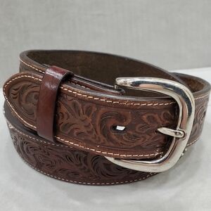 3D Handtooled belt size 32 brown leather jewels and studs snap on buckle FLAWED